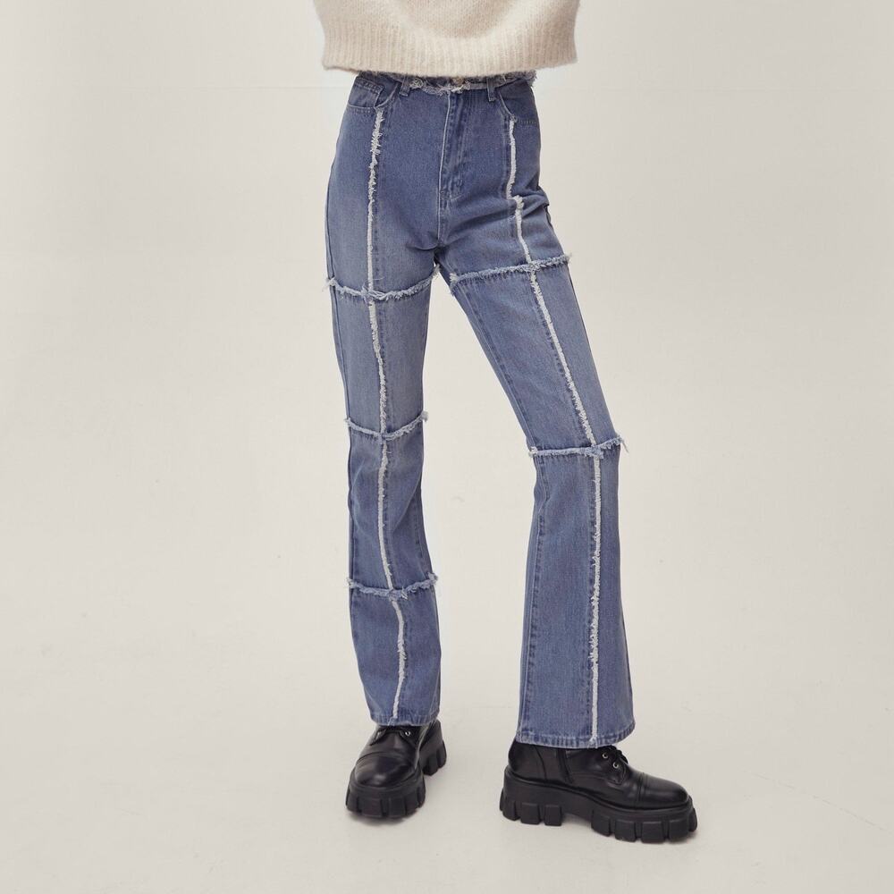 NASTY GAL High Waisted Exposed Seam Patchwork Flare Jeans 2